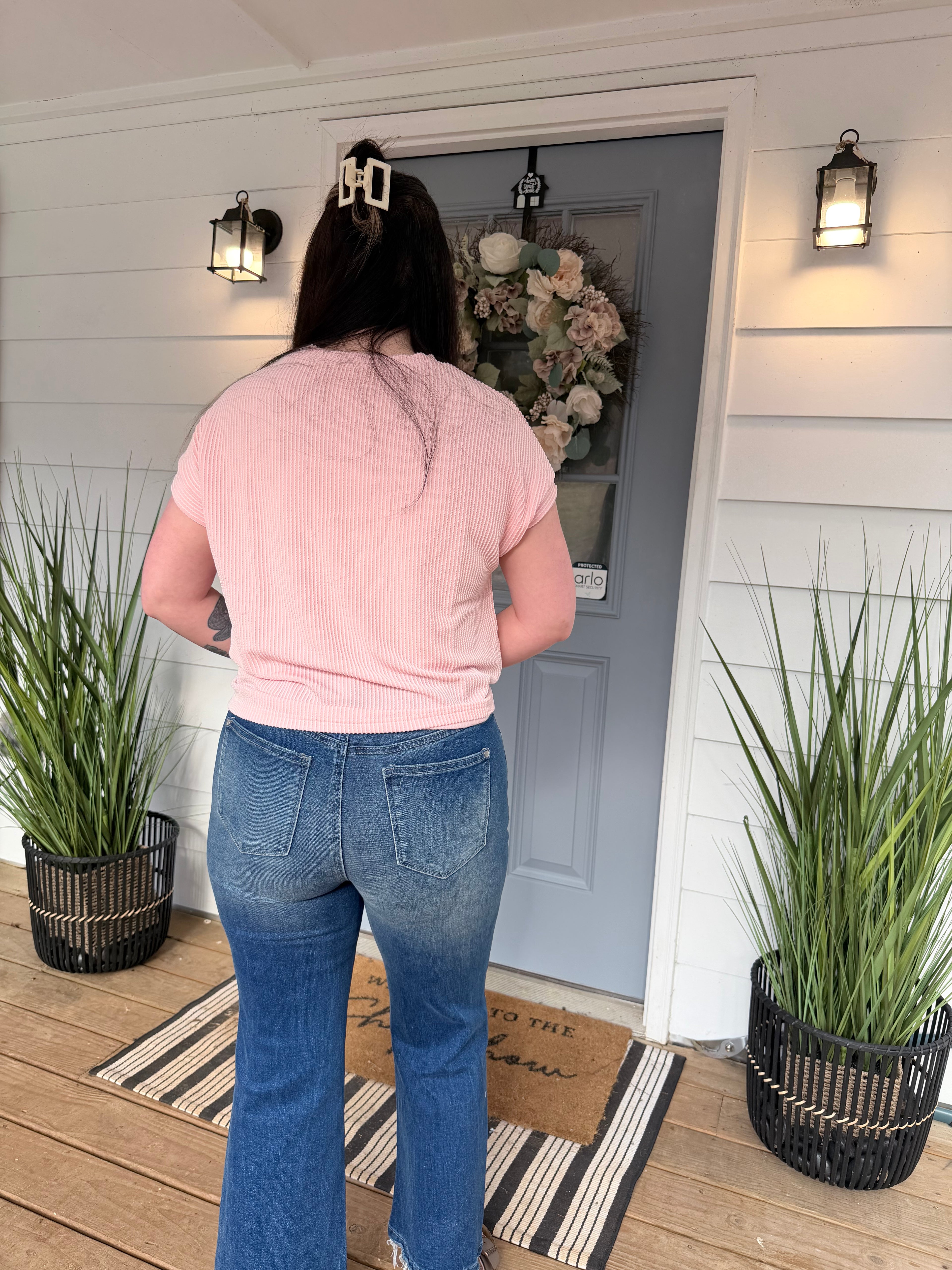 Pink Corded Knit Color Block Pocketed Crew Neck T Shirt