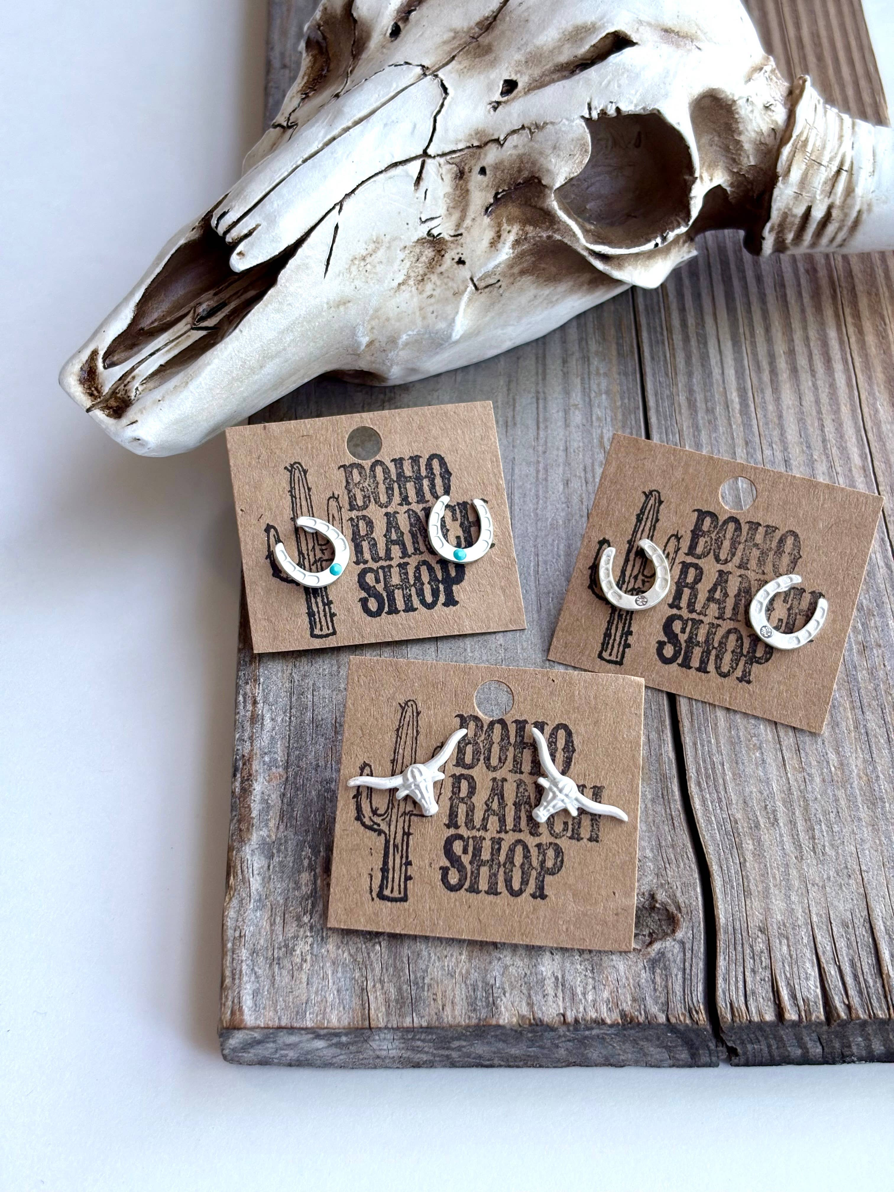 Western Theme Stud Earrings - steer longhorn horse shoe