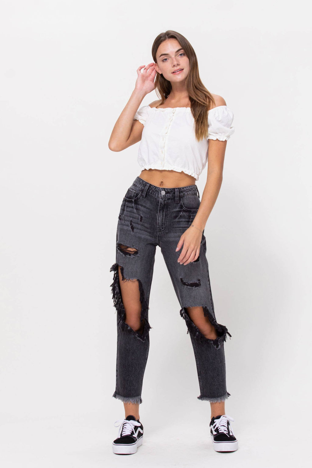 High Rise Destroy Slim Boyfriend Jean