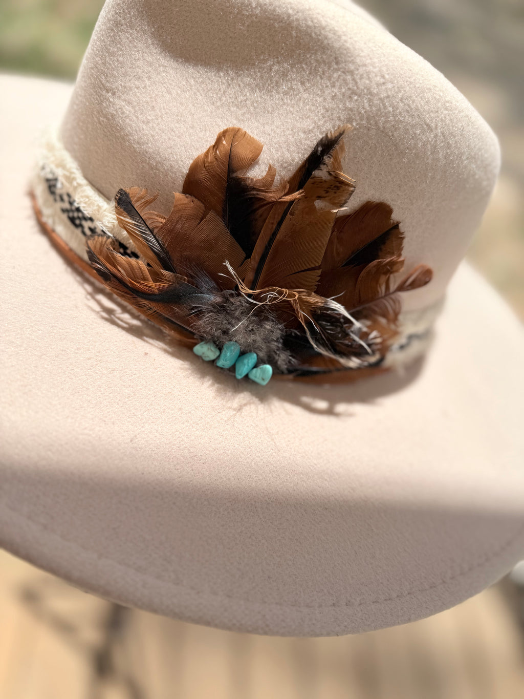 Cream Feather and Turquoise Cowgirl Hat