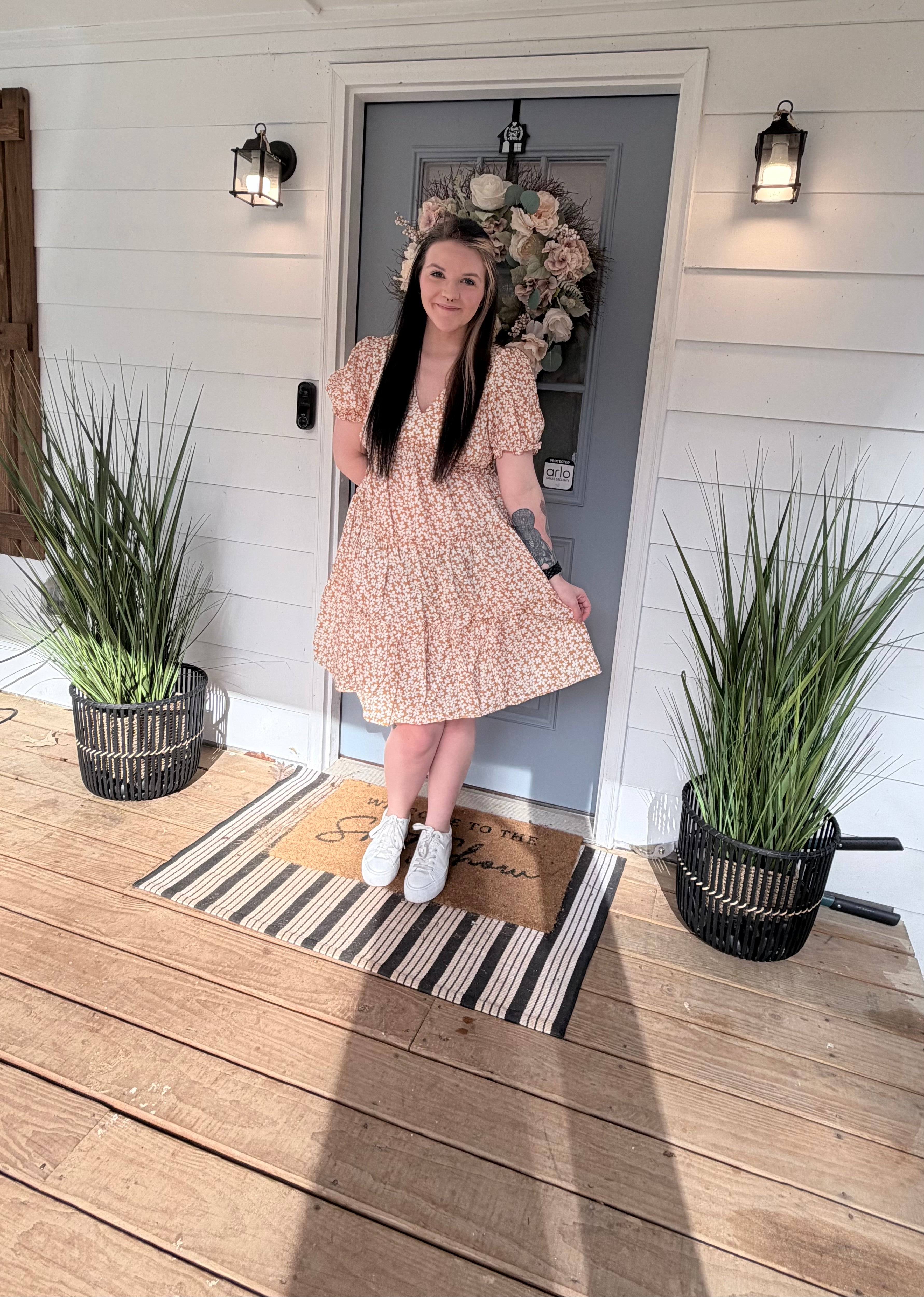 Yellow Floral Short Sleeve V Neck Frilly Tiered Mini Dress