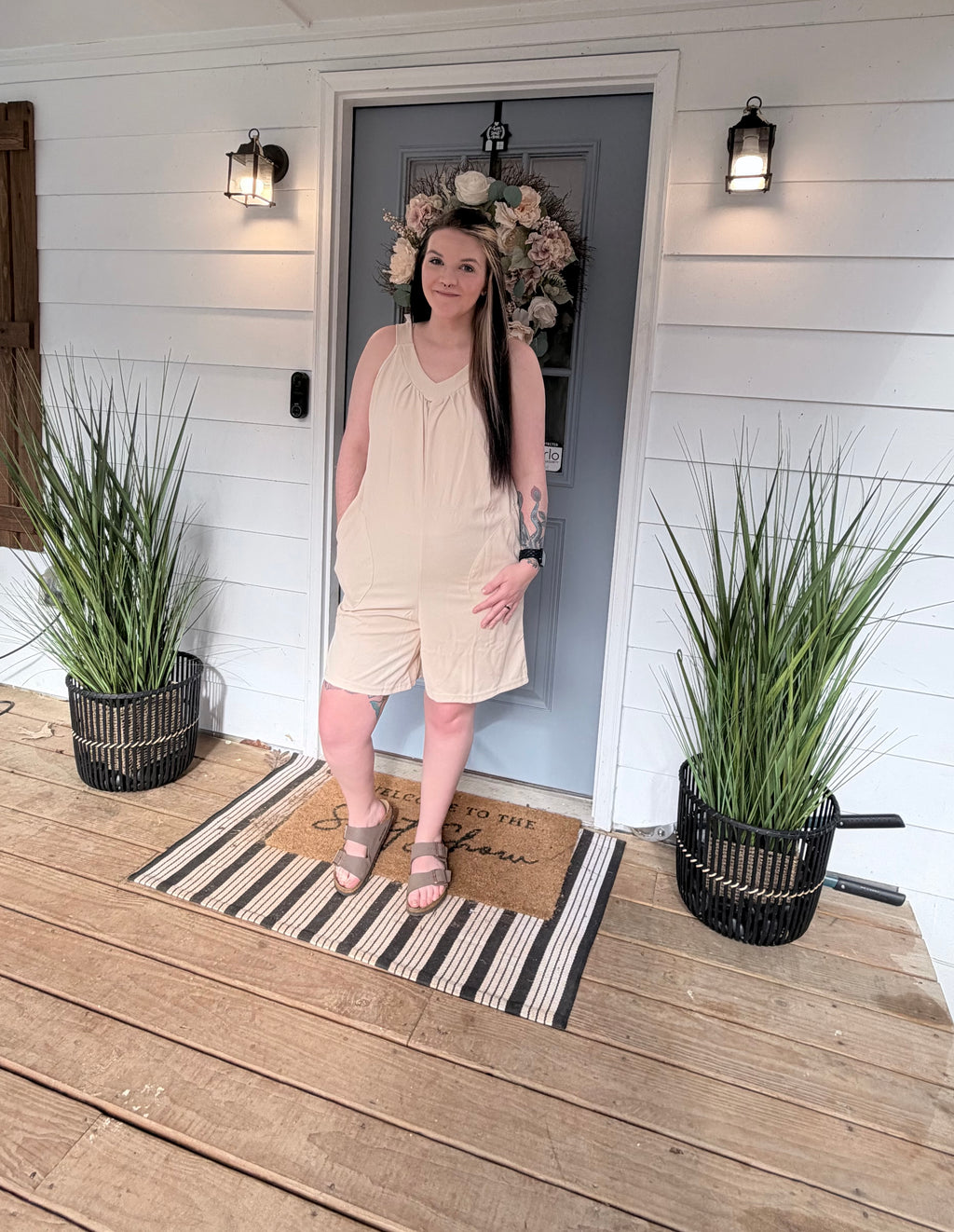 Loose Fit V-Neck Sleeveless Romper with Pockets
