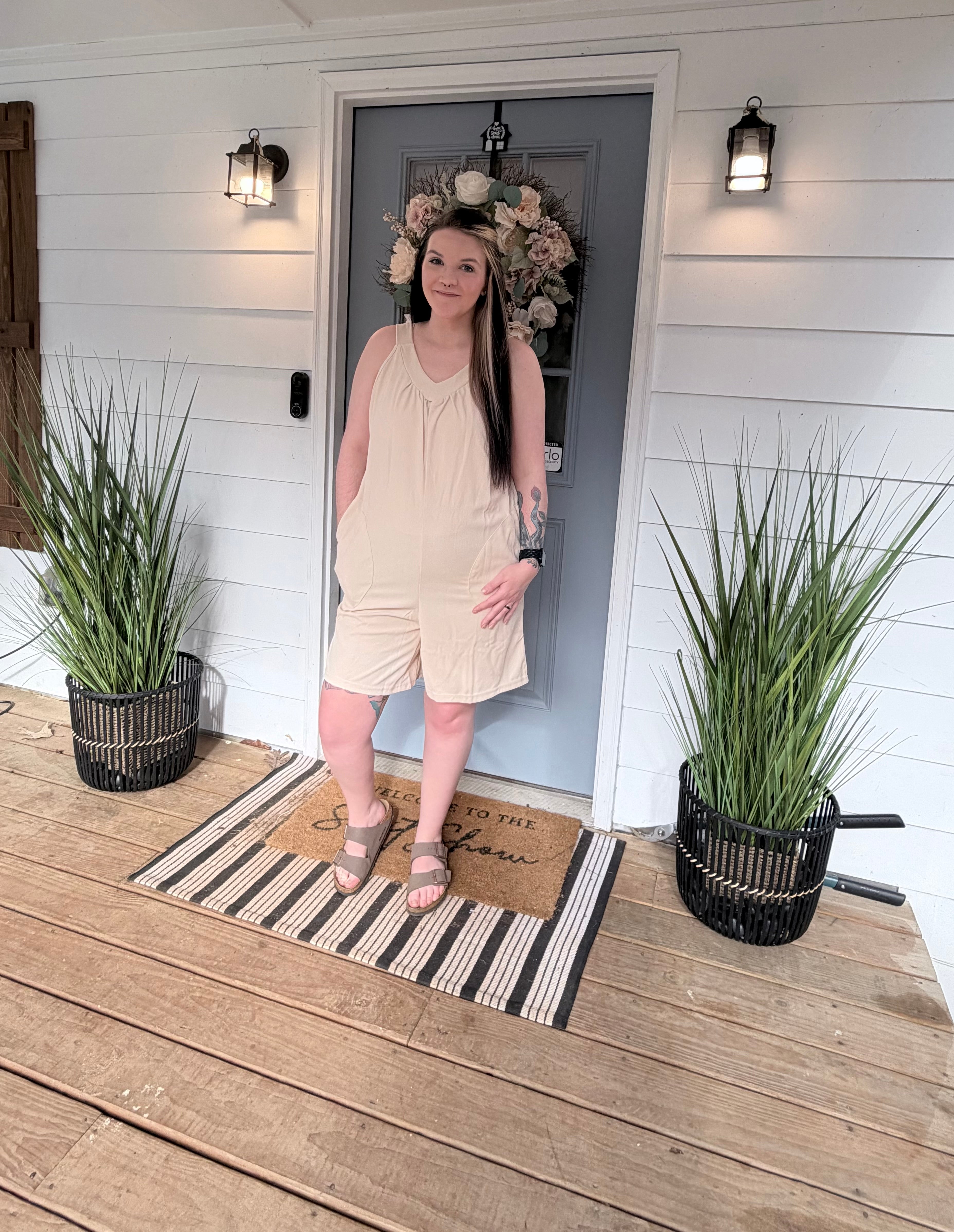 Loose Fit V-Neck Sleeveless Romper with Pockets