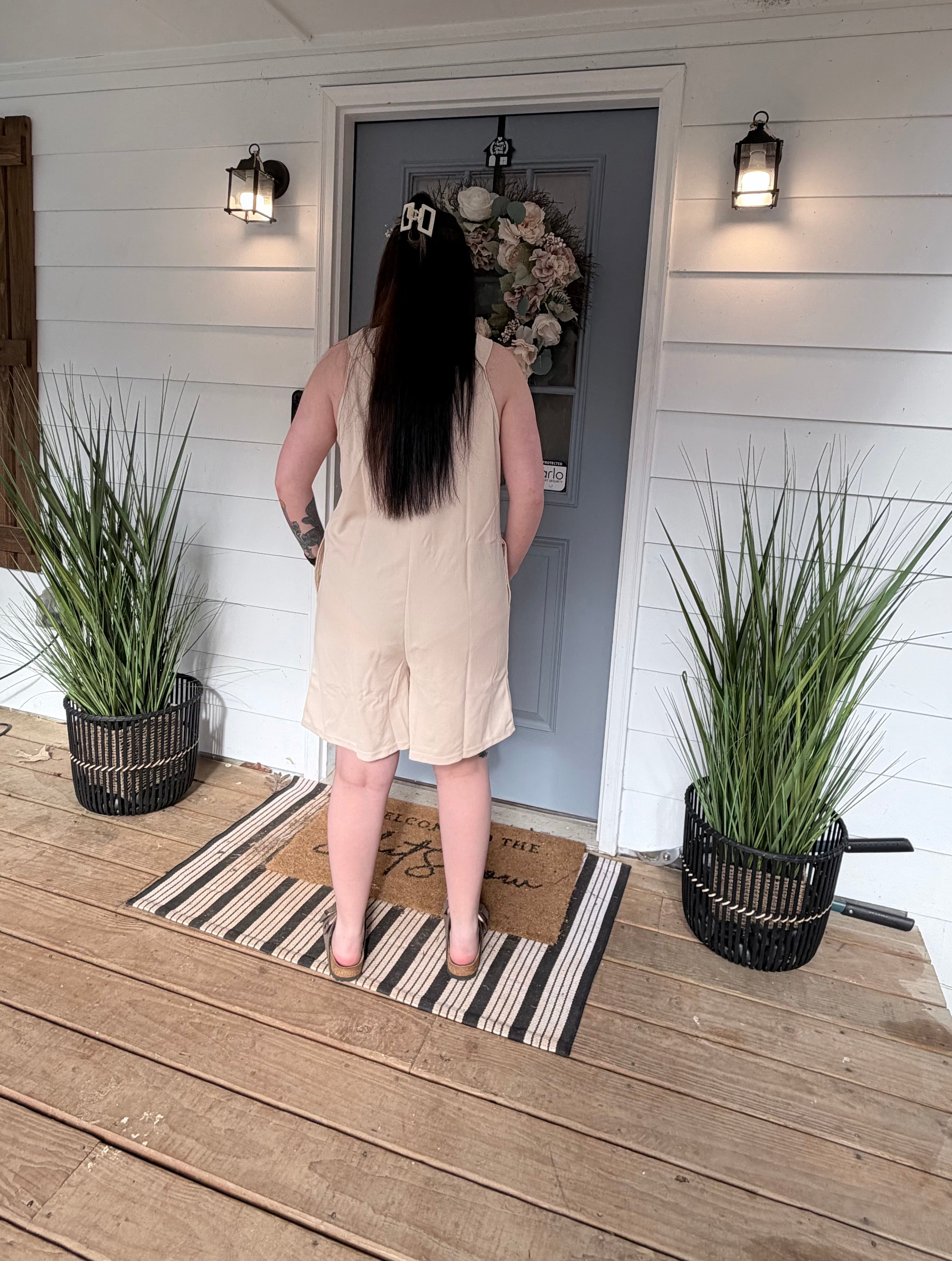 Loose Fit V-Neck Sleeveless Romper with Pockets