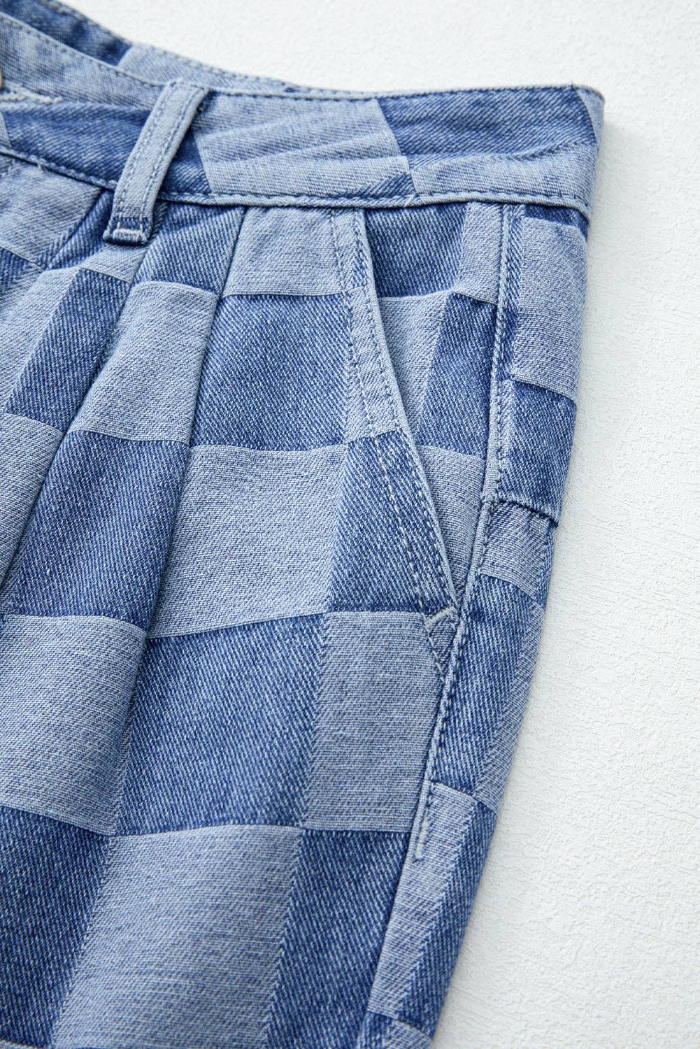 Solid Color Checkered Denim Wide Leg Jeans