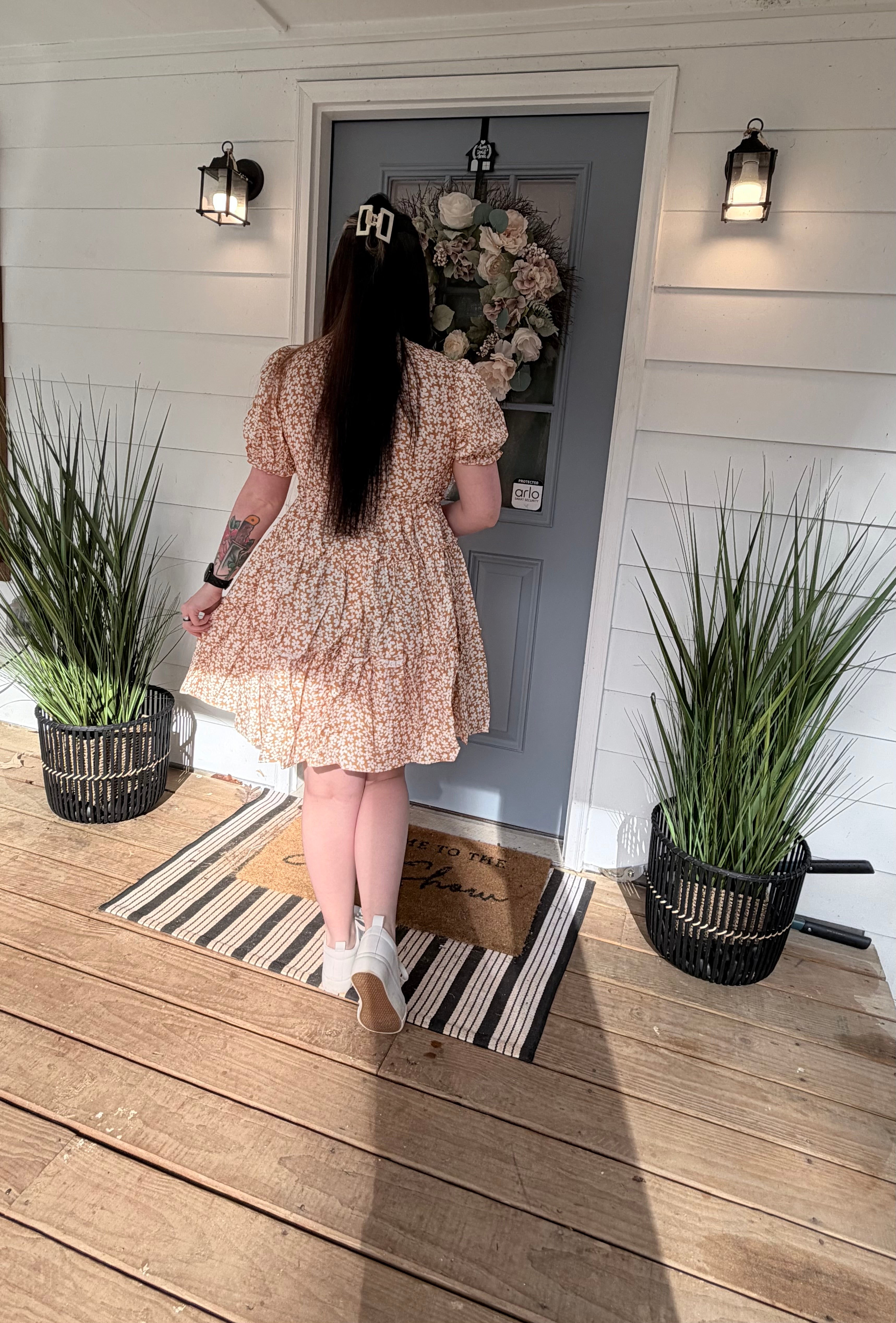 Yellow Floral Short Sleeve V Neck Frilly Tiered Mini Dress
