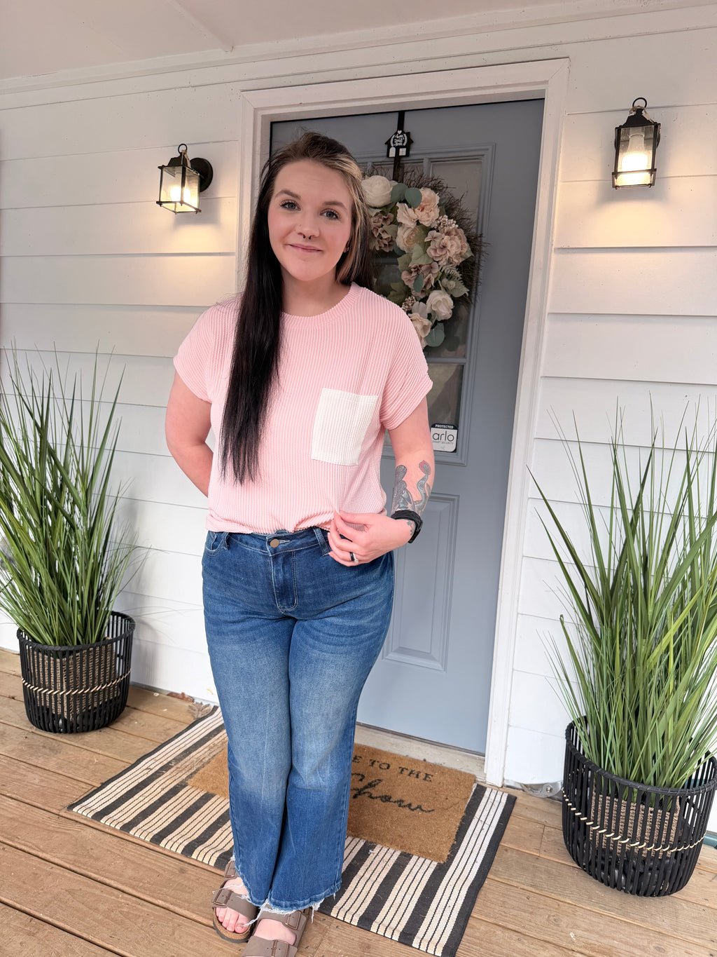 Pink Corded Knit Color Block Pocketed Crew Neck T Shirt