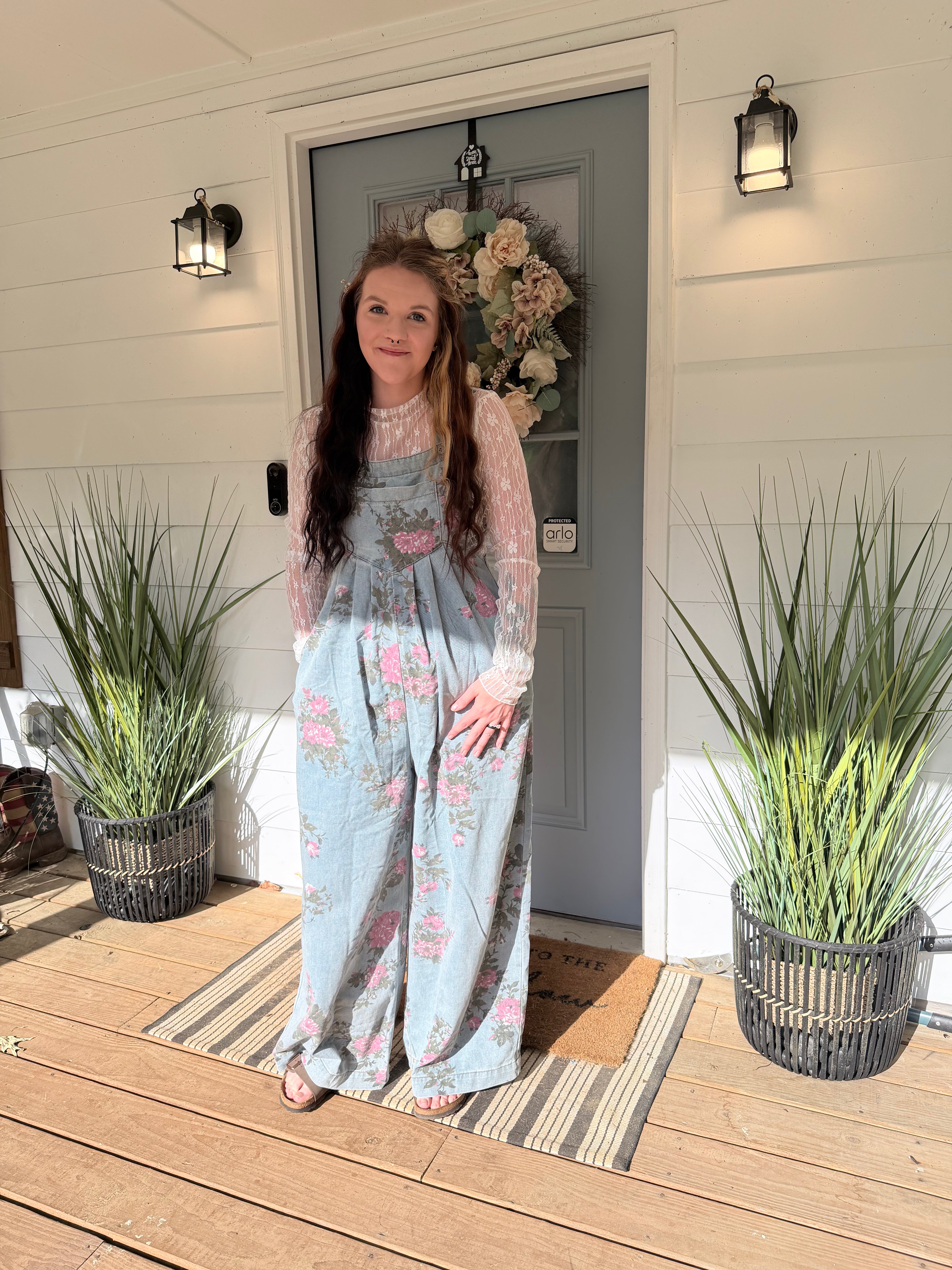 Beau Floral Print Pleated High Waist Wide Leg Denim Jumpsuit
