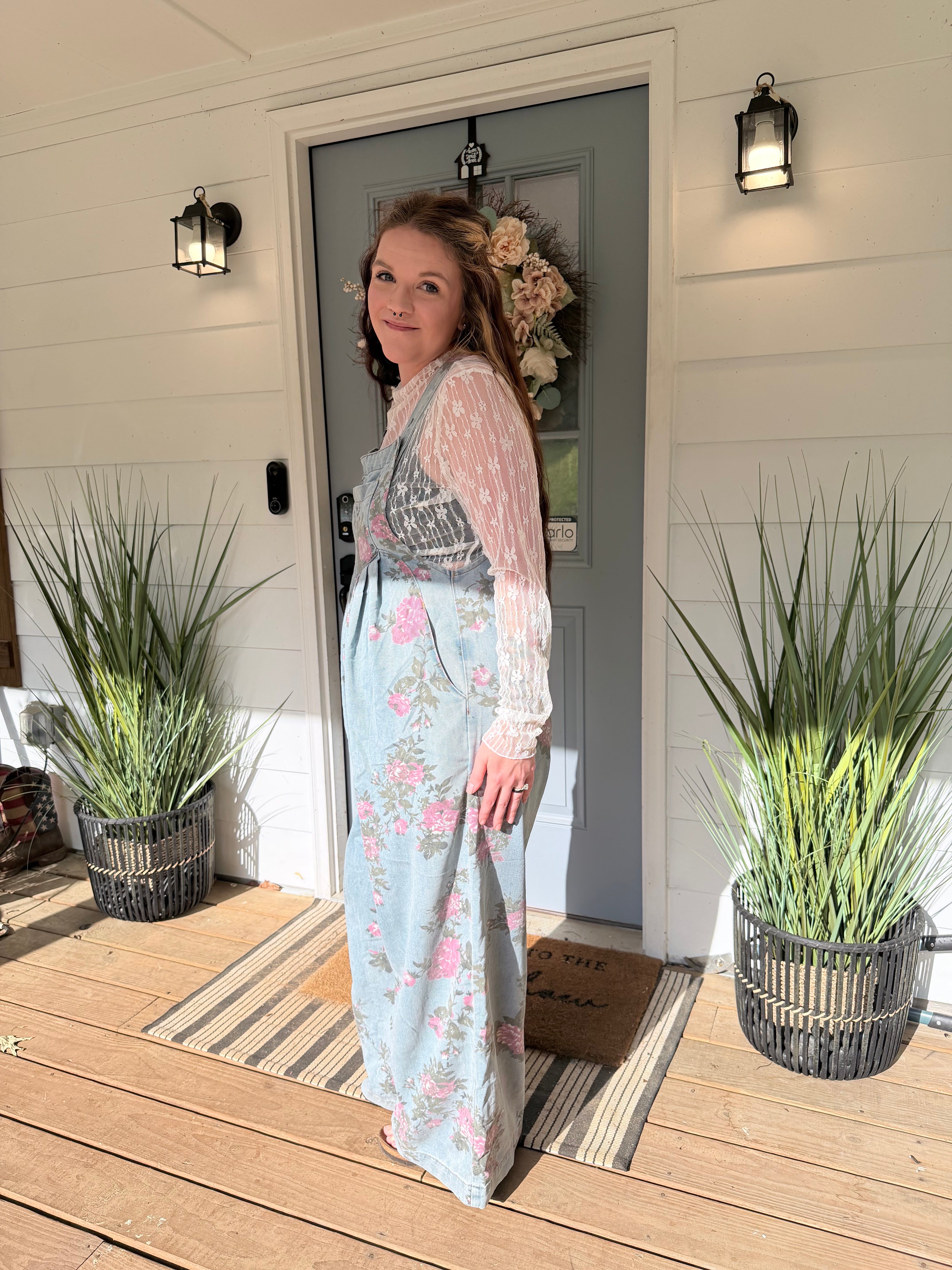 Beau Floral Print Pleated High Waist Wide Leg Denim Jumpsuit