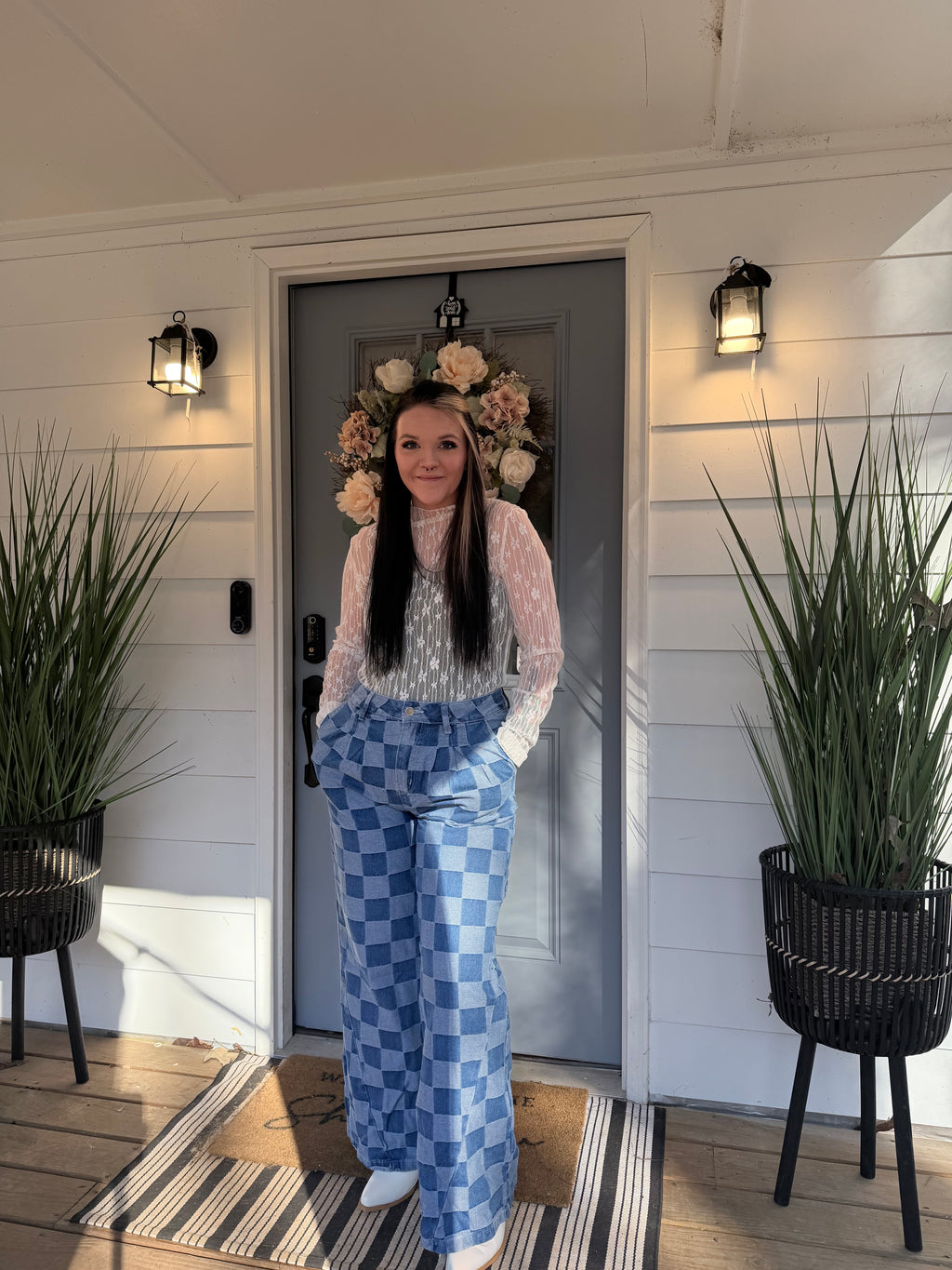 Solid Color Checkered Denim Wide Leg Jeans