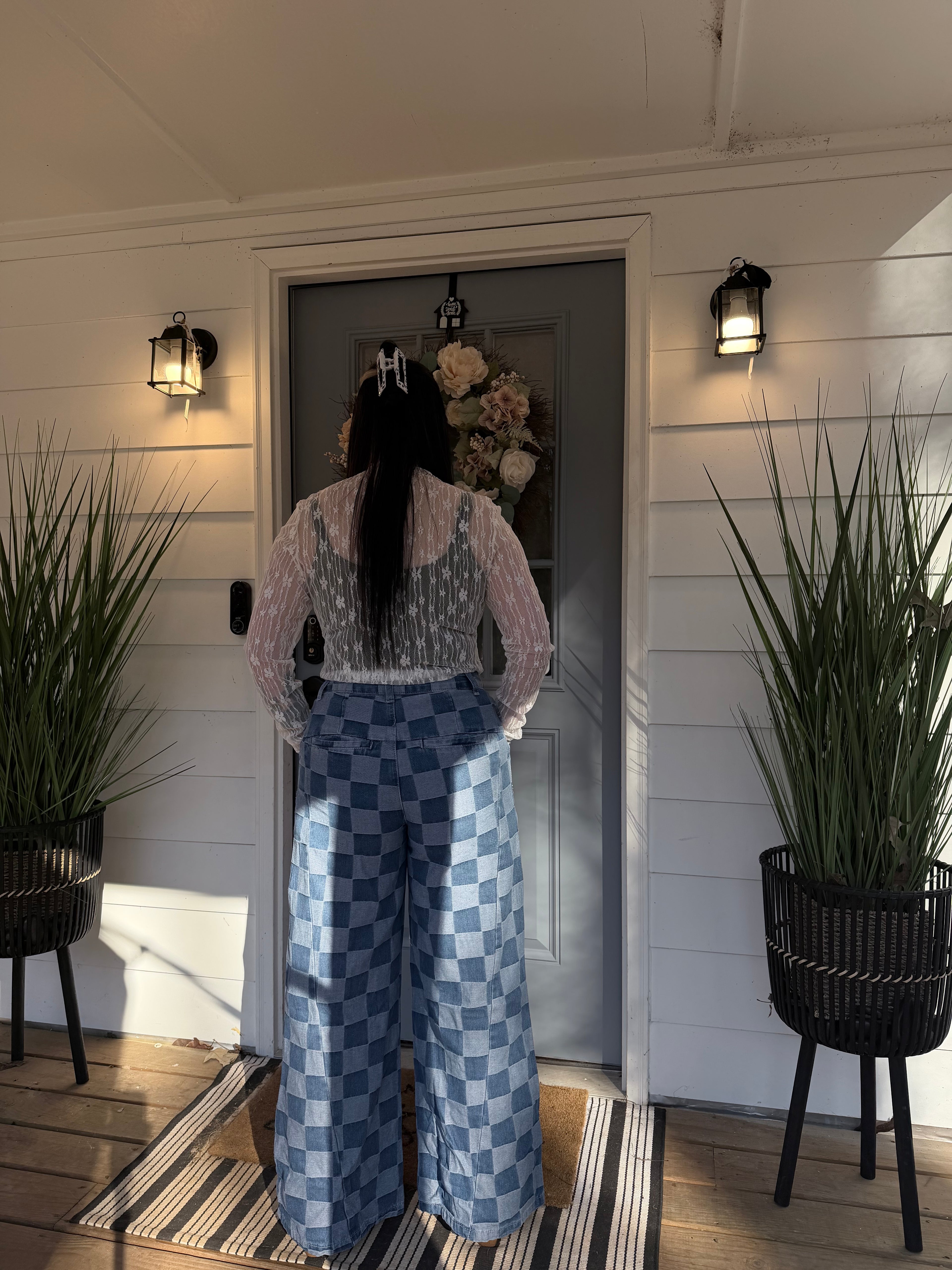 Solid Color Checkered Denim Wide Leg Jeans