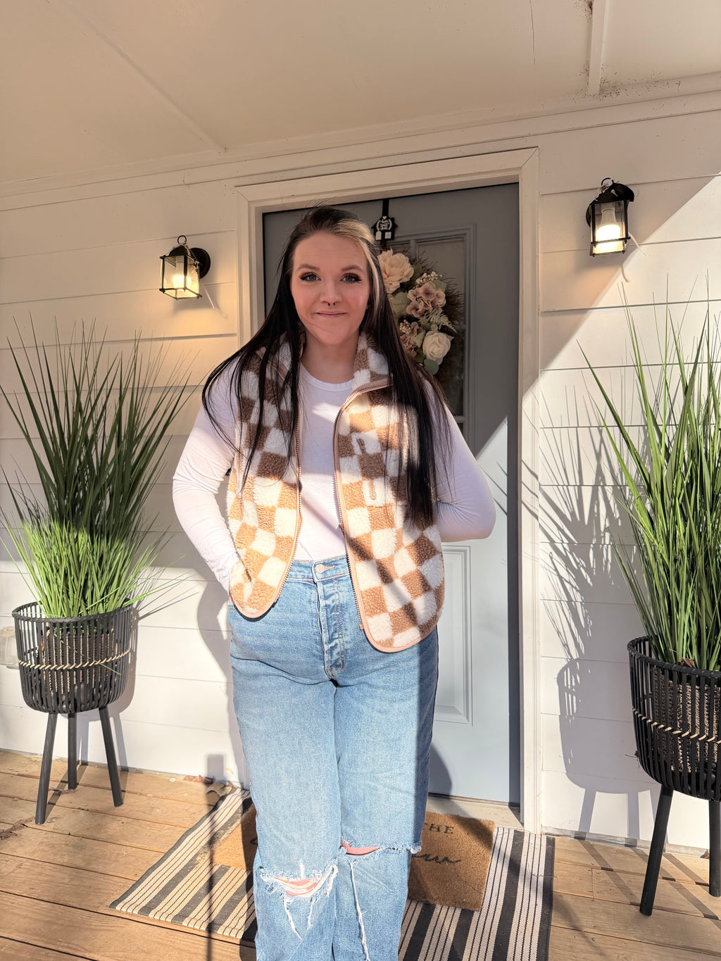 Checked Snap Button Sherpa Vest