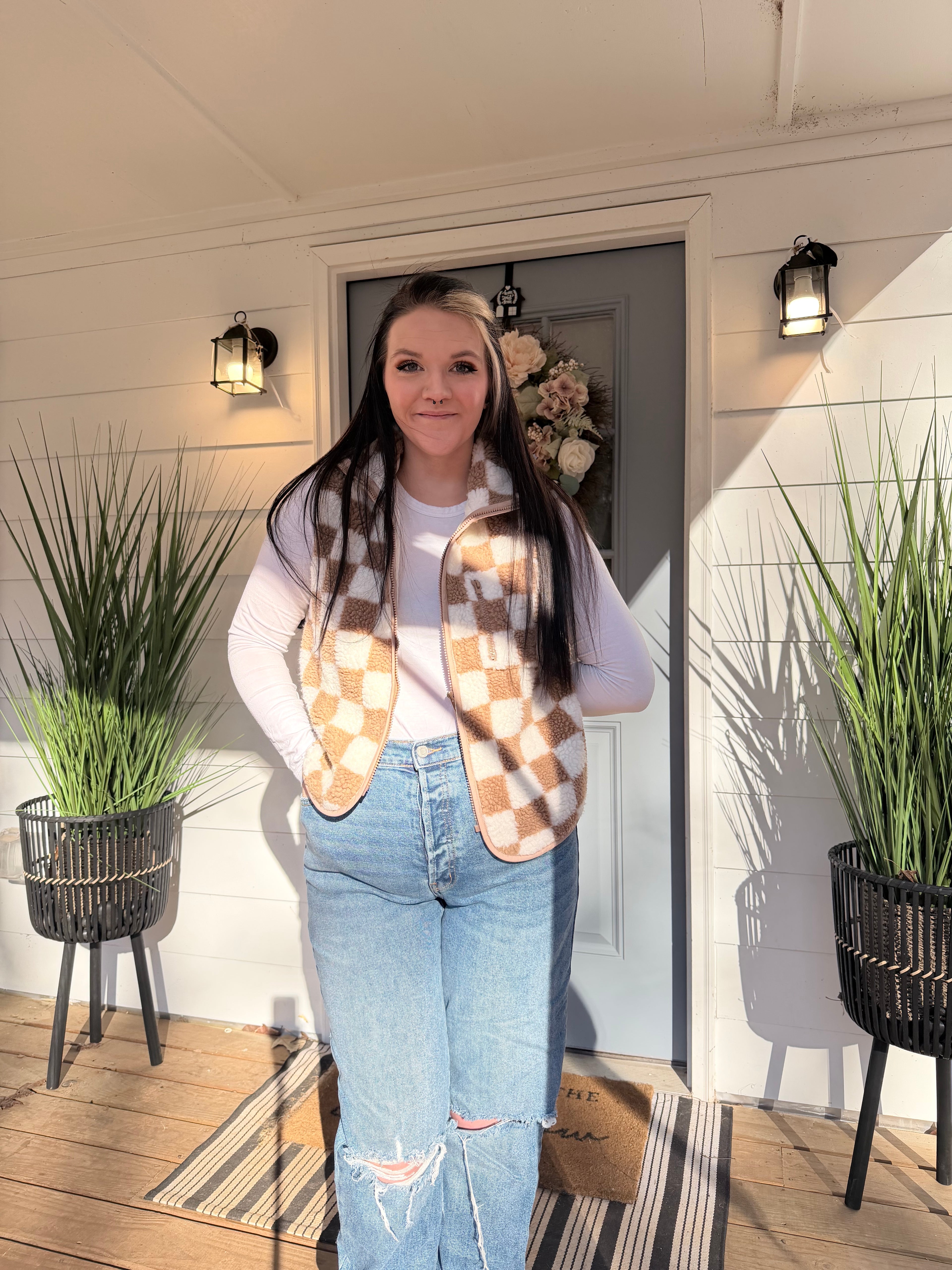 Checked Snap Button Sherpa Vest