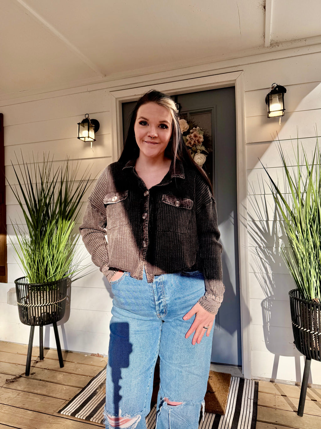 Acid Wash Oversized Cotton Waffle Cropped Shacket