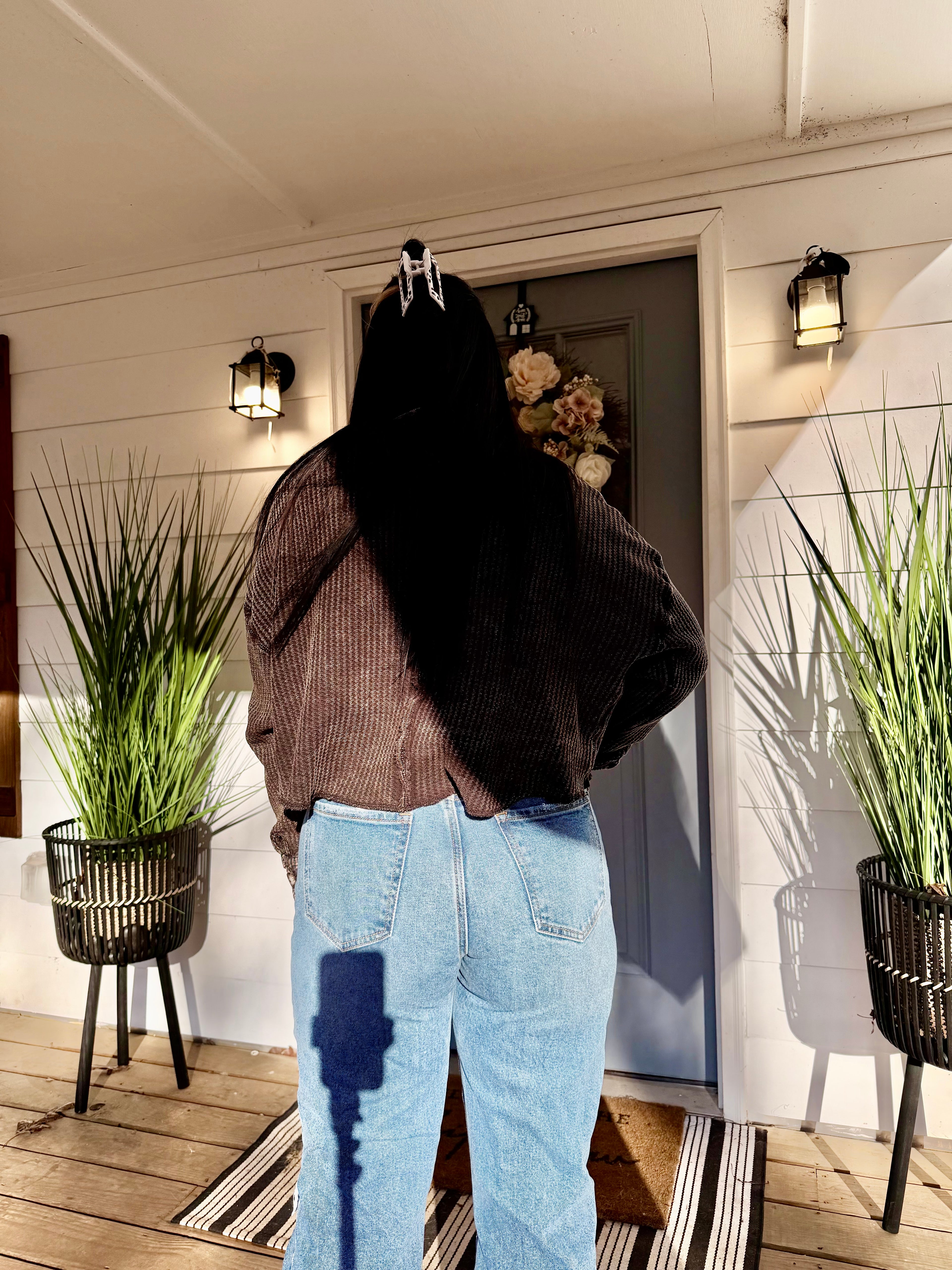 Acid Wash Oversized Cotton Waffle Cropped Shacket