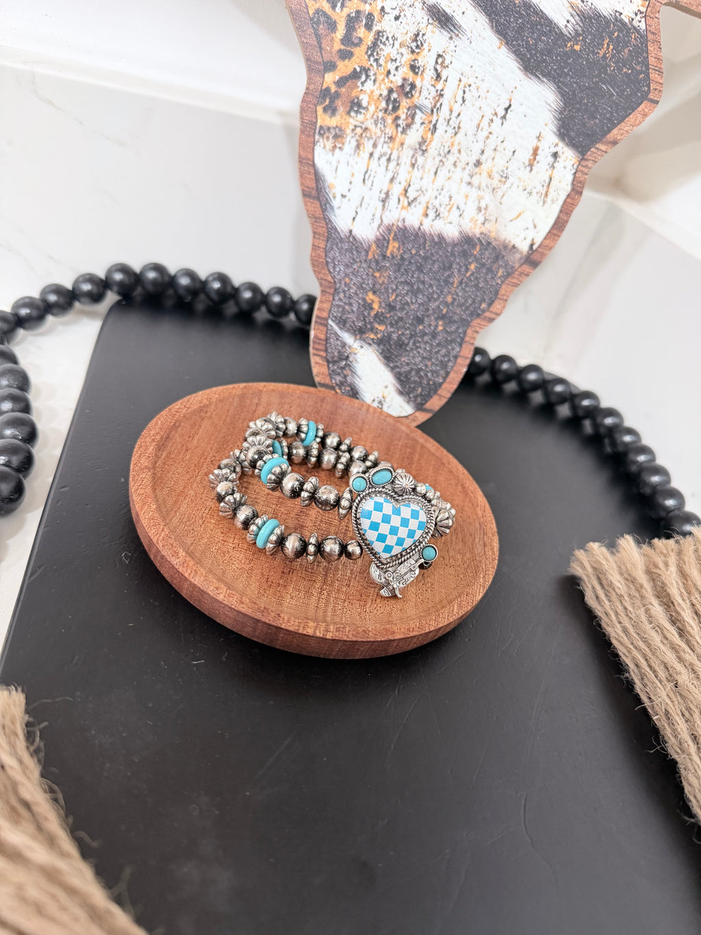 2 Layered Western Checkered Heart Stretch Bracelet