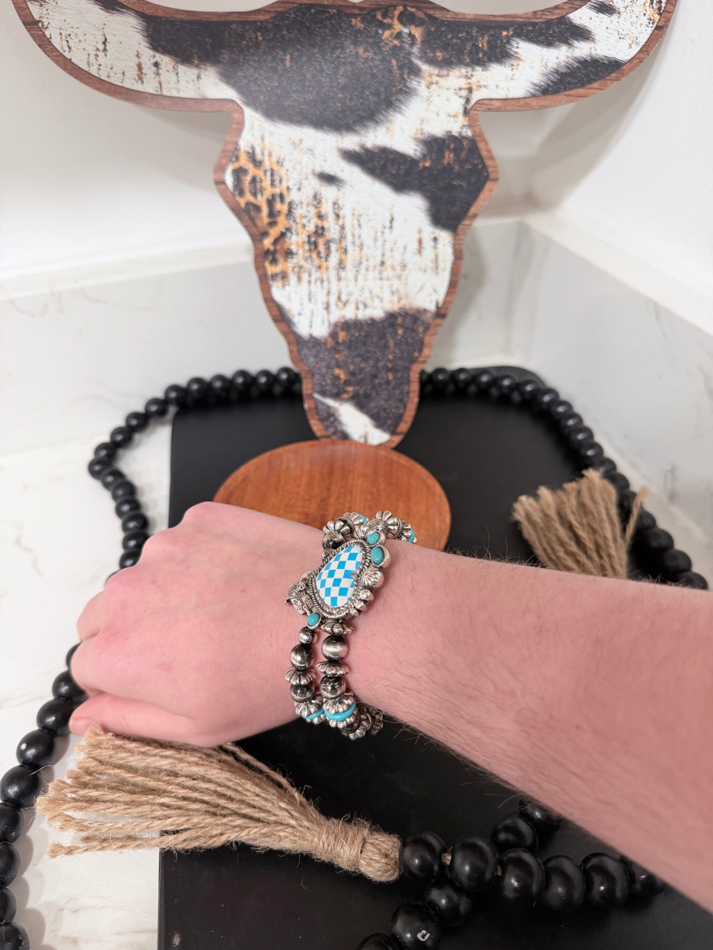 2 Layered Western Checkered Heart Stretch Bracelet