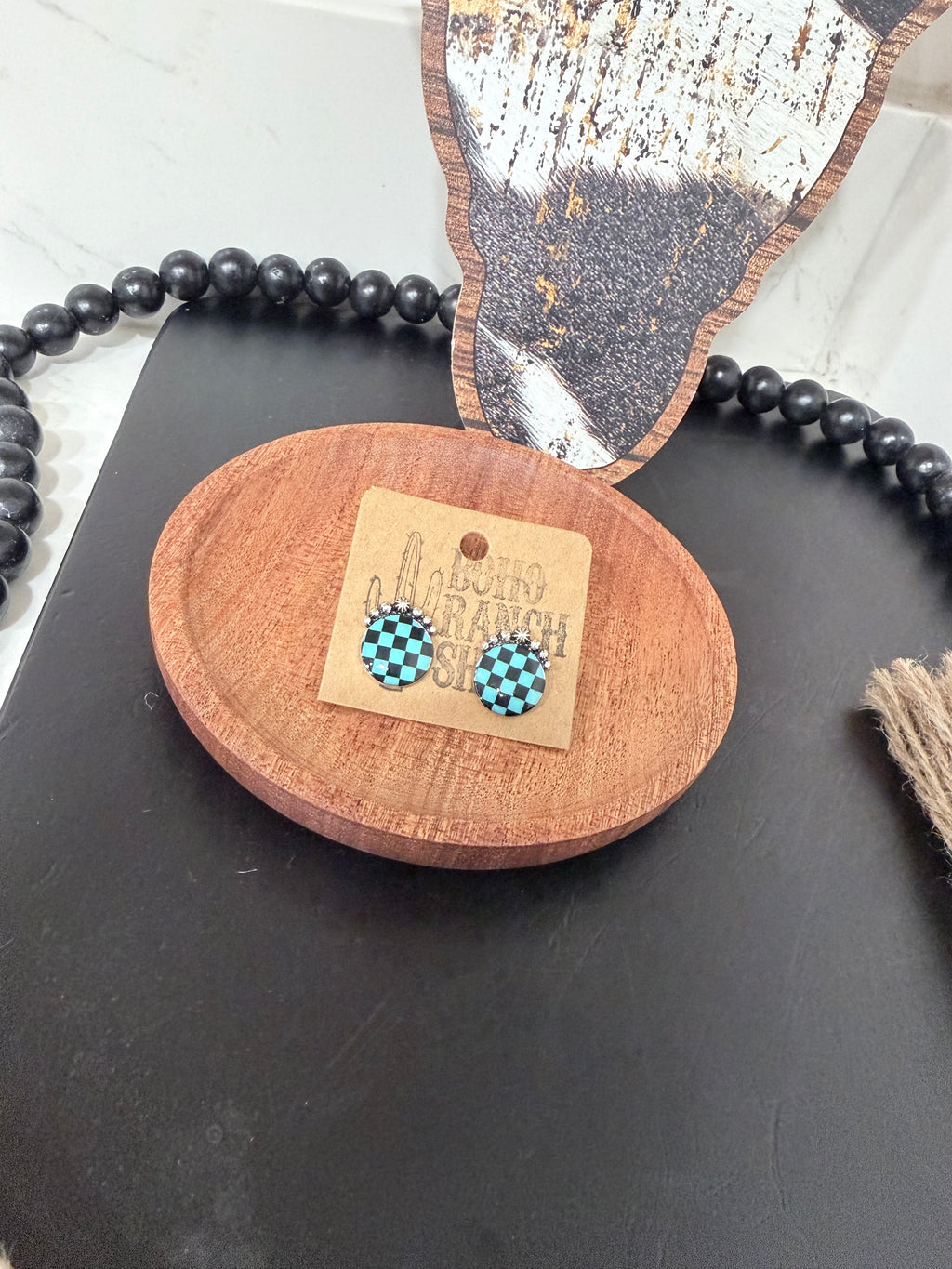 Western Checkered Round Stud Earrings