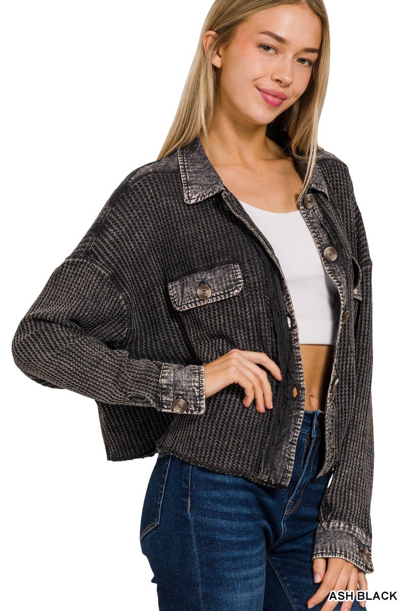 Acid Wash Oversized Cotton Waffle Cropped Shacket