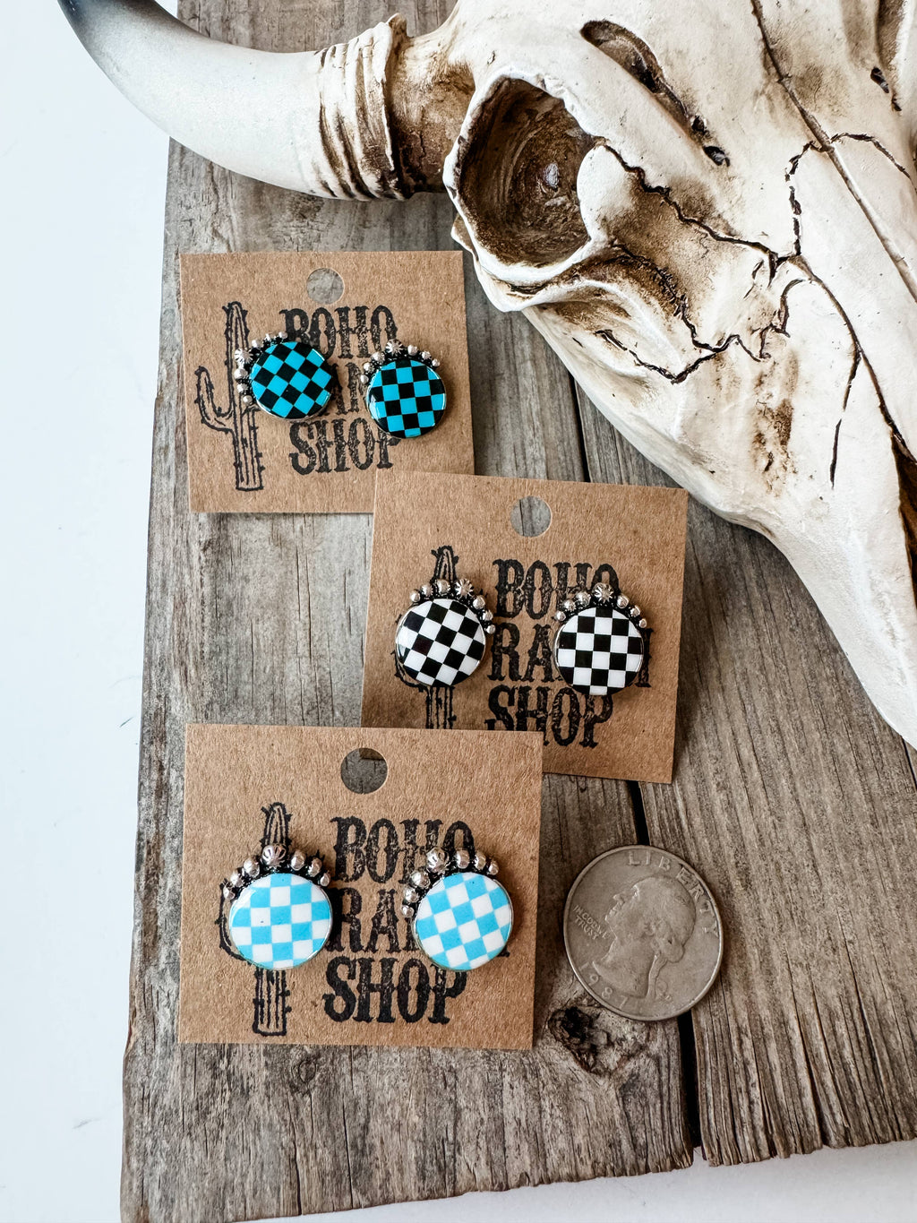 Western Checkered Round Stud Earrings