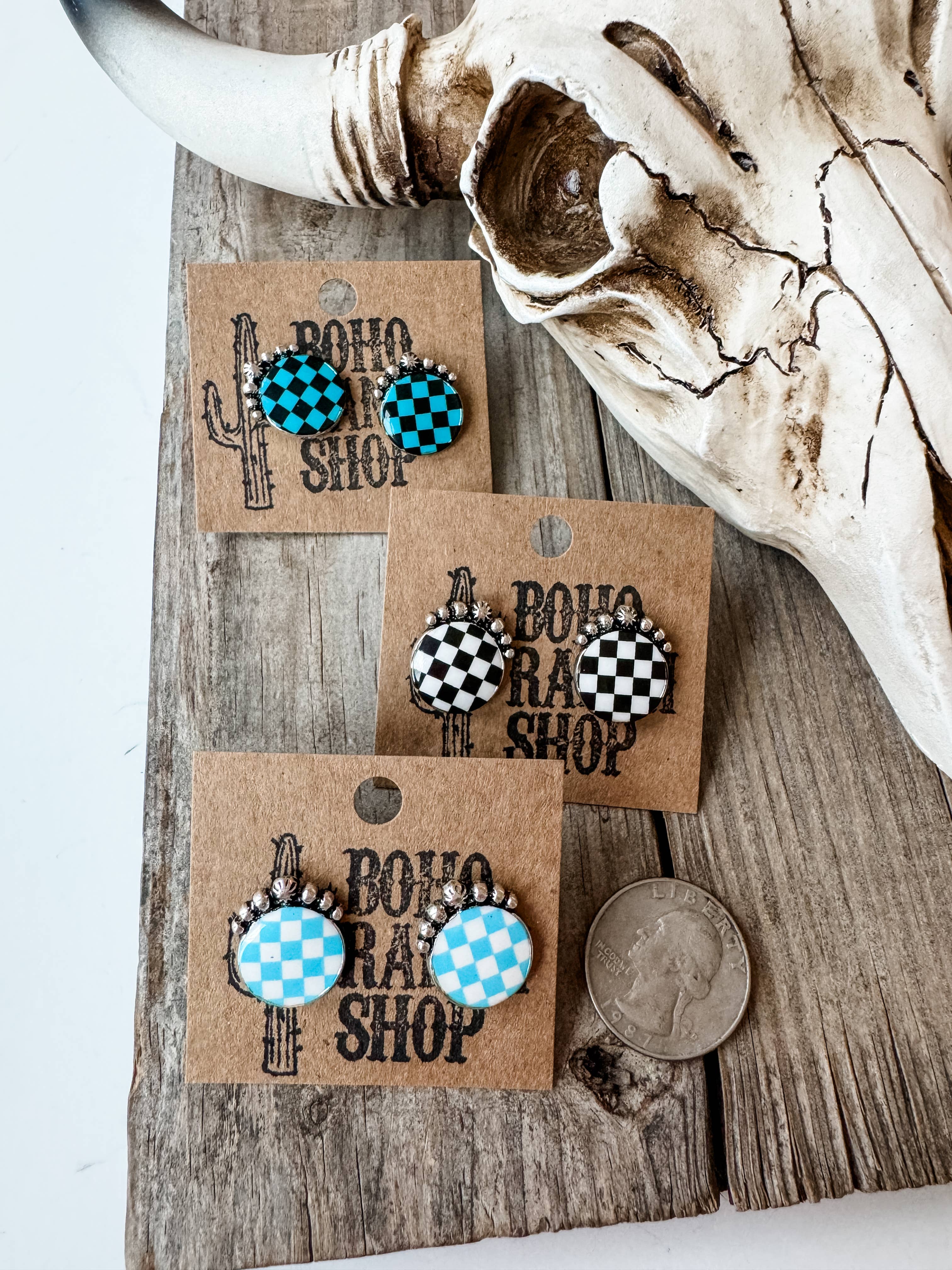 Western Checkered Round Stud Earrings