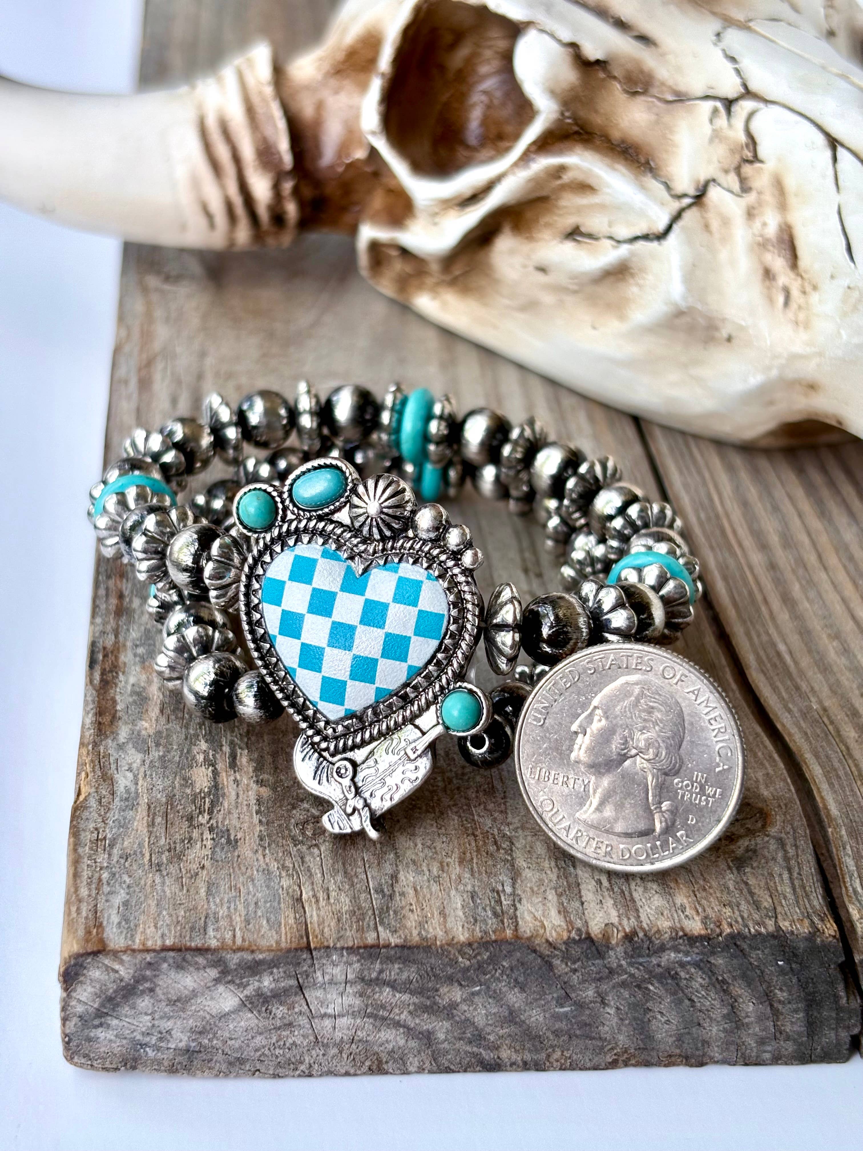 2 Layered Western Checkered Heart Stretch Bracelet