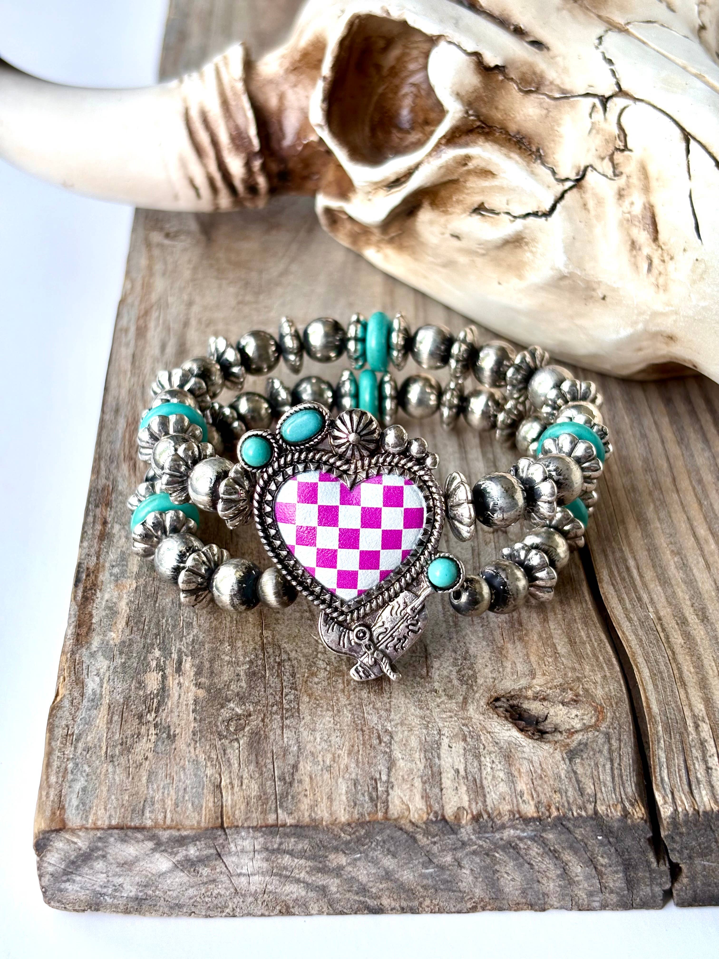 2 Layered Western Checkered Heart Stretch Bracelet