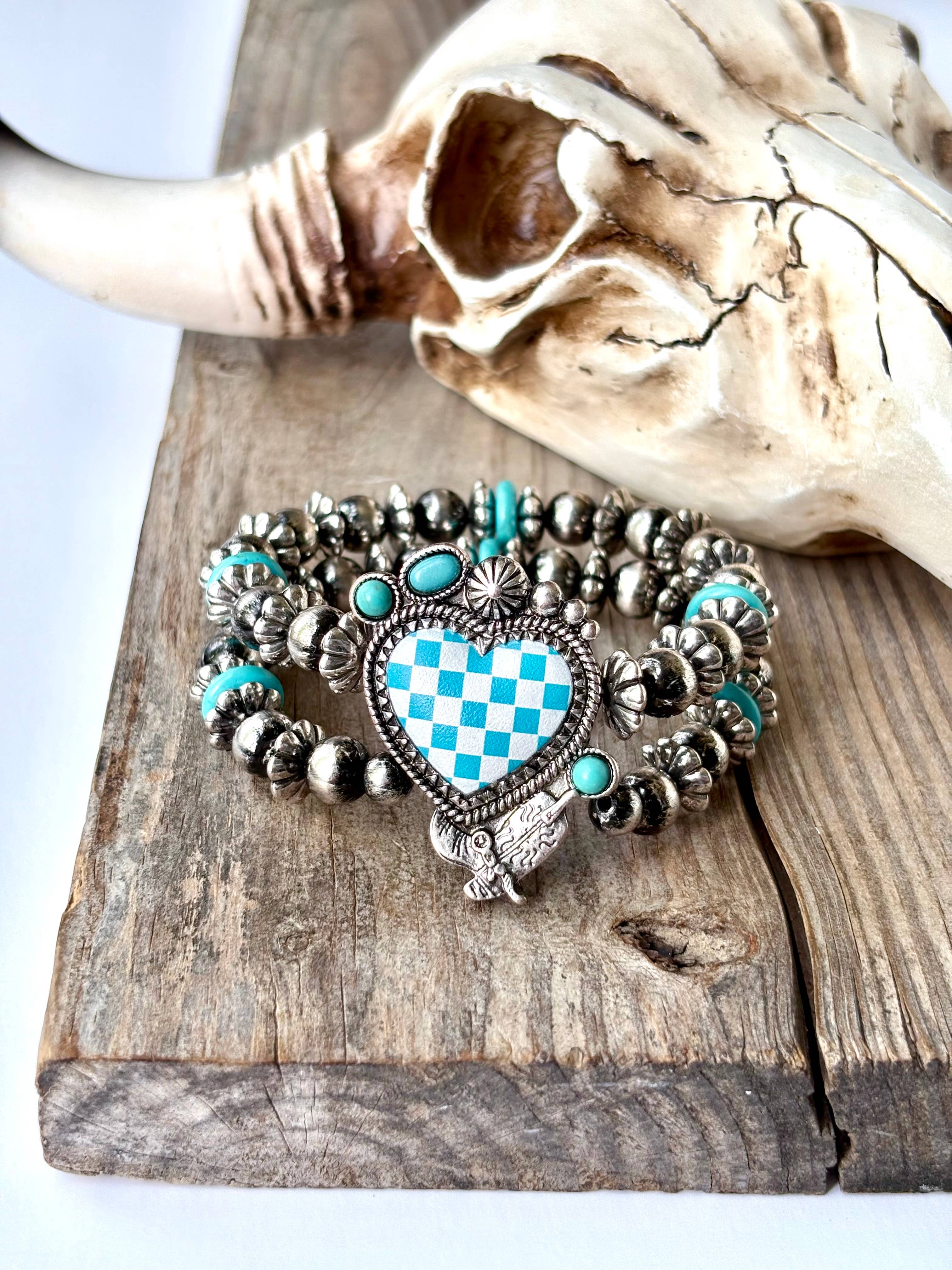 2 Layered Western Checkered Heart Stretch Bracelet