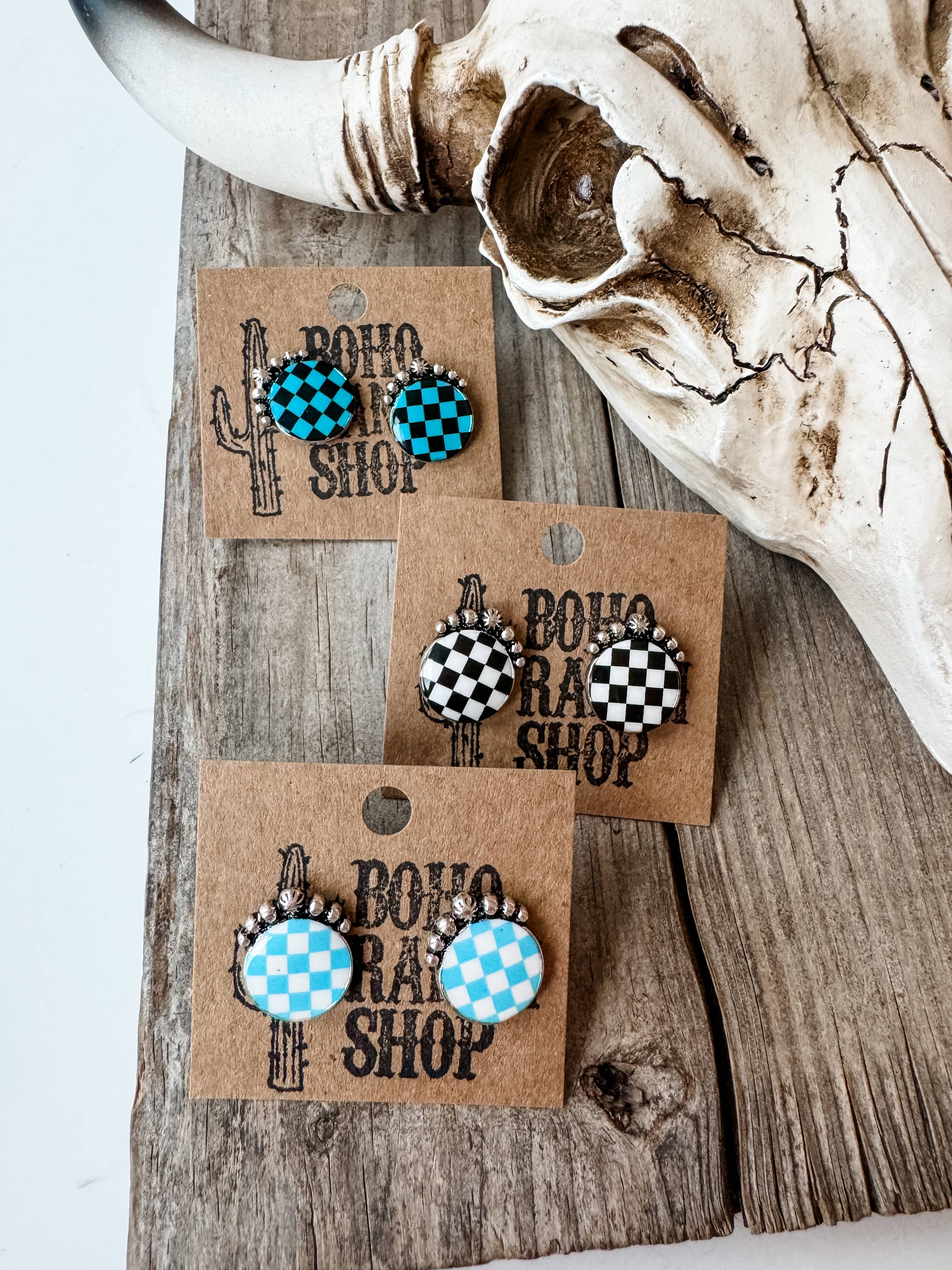 Western Checkered Round Stud Earrings