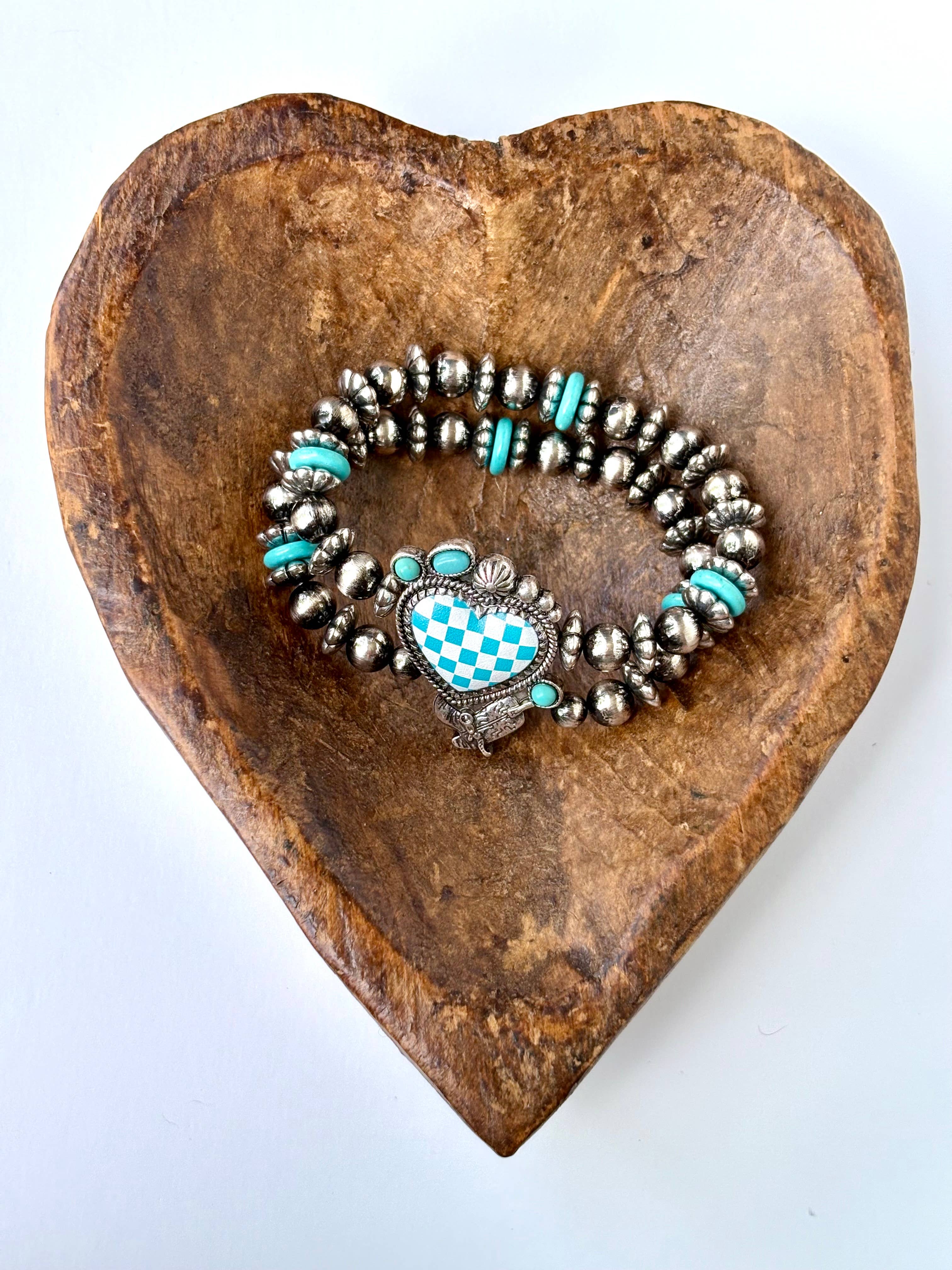 2 Layered Western Checkered Heart Stretch Bracelet