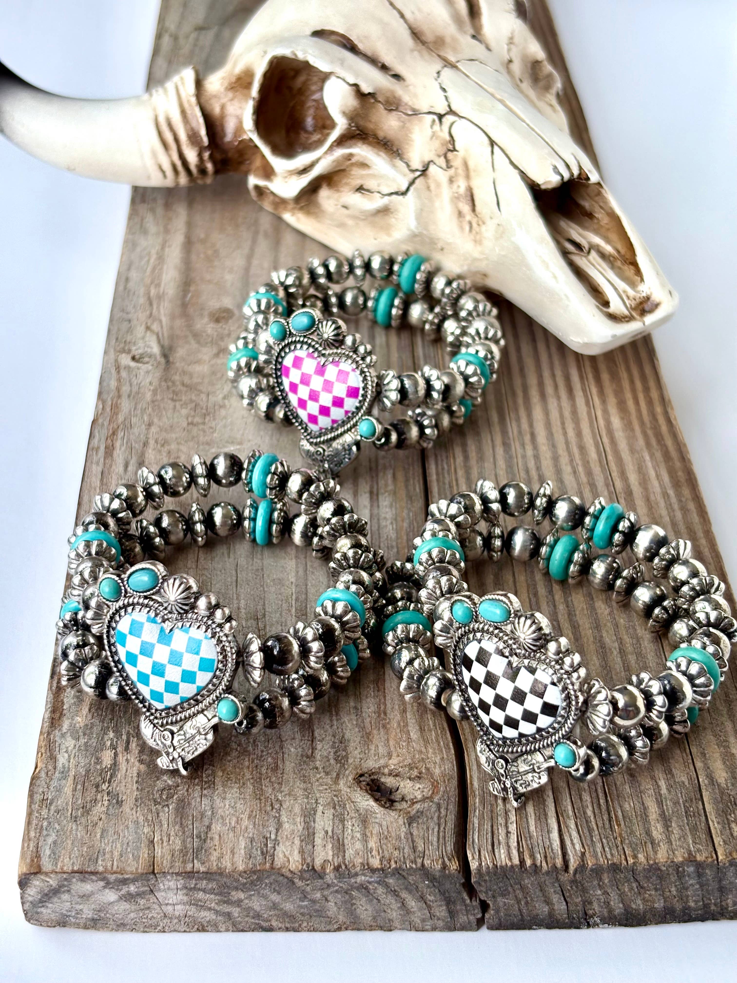 2 Layered Western Checkered Heart Stretch Bracelet